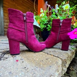 Burgundy Suede Block Heel Ankle Boots – Size 7